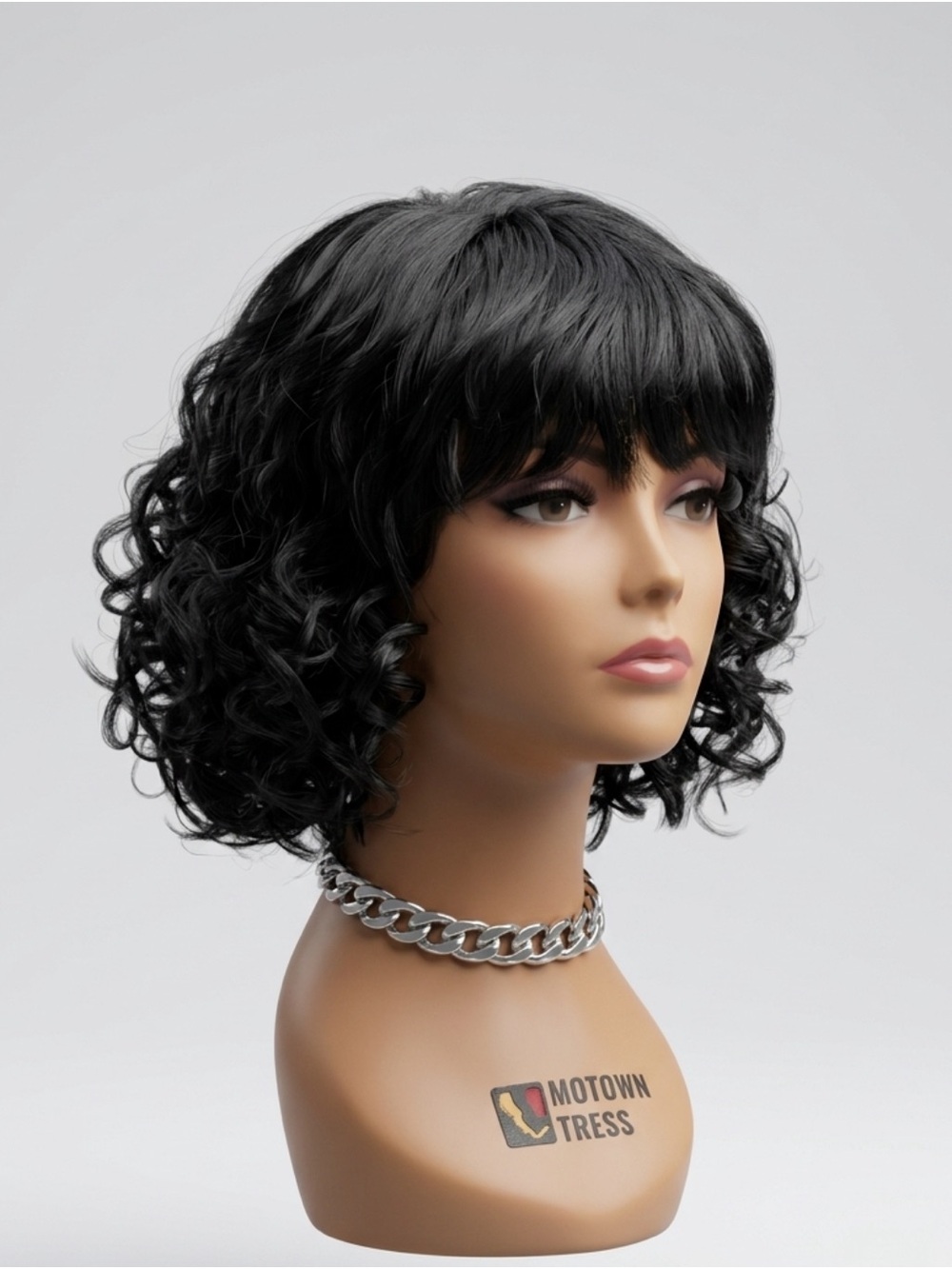 Short Curly Bob Wig with Bangs - Black